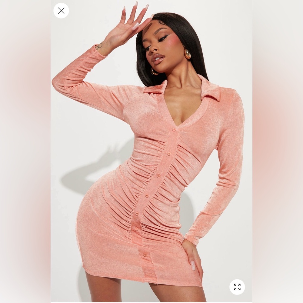 Ruched Slinky Shirt Mini Dress Peachy Orange Size L Button-Front Bodycon Dress